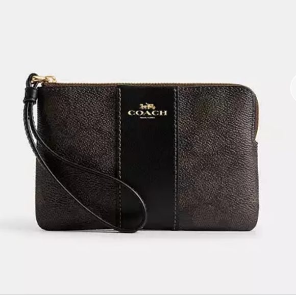 Coach Handbags - COACH Corner Zip Wristlet Signature Canvas With Stripe Black/Grey/Gunmetal NWOT